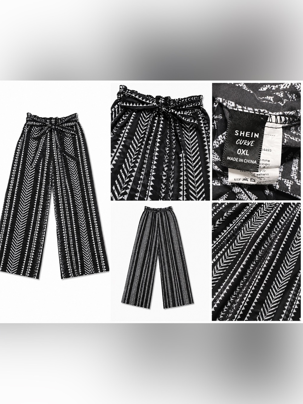 SHEIN Black & White Wide-Leg Tie-Waist Printed Pants
